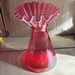 Cranbeery Glass Vase with Ruffled Edge 7 1/4 inch sides